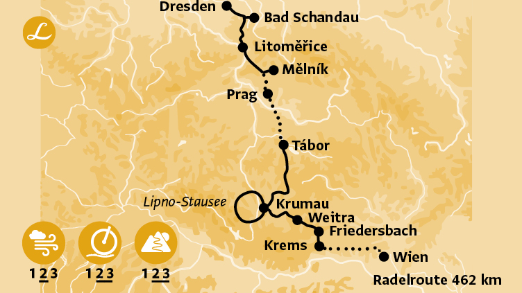 Die Landpartie: Karte der Route der Radreise von Dresden nach Wien über Prag, Sächsische Schweiz, Bö