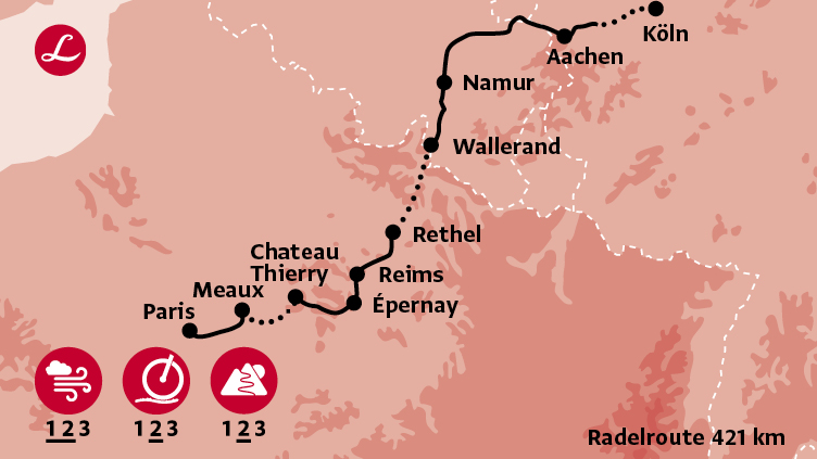 Karte der Route der Radreise von Köln nach Paris über Aachen, Namur, Reims, Èpernay