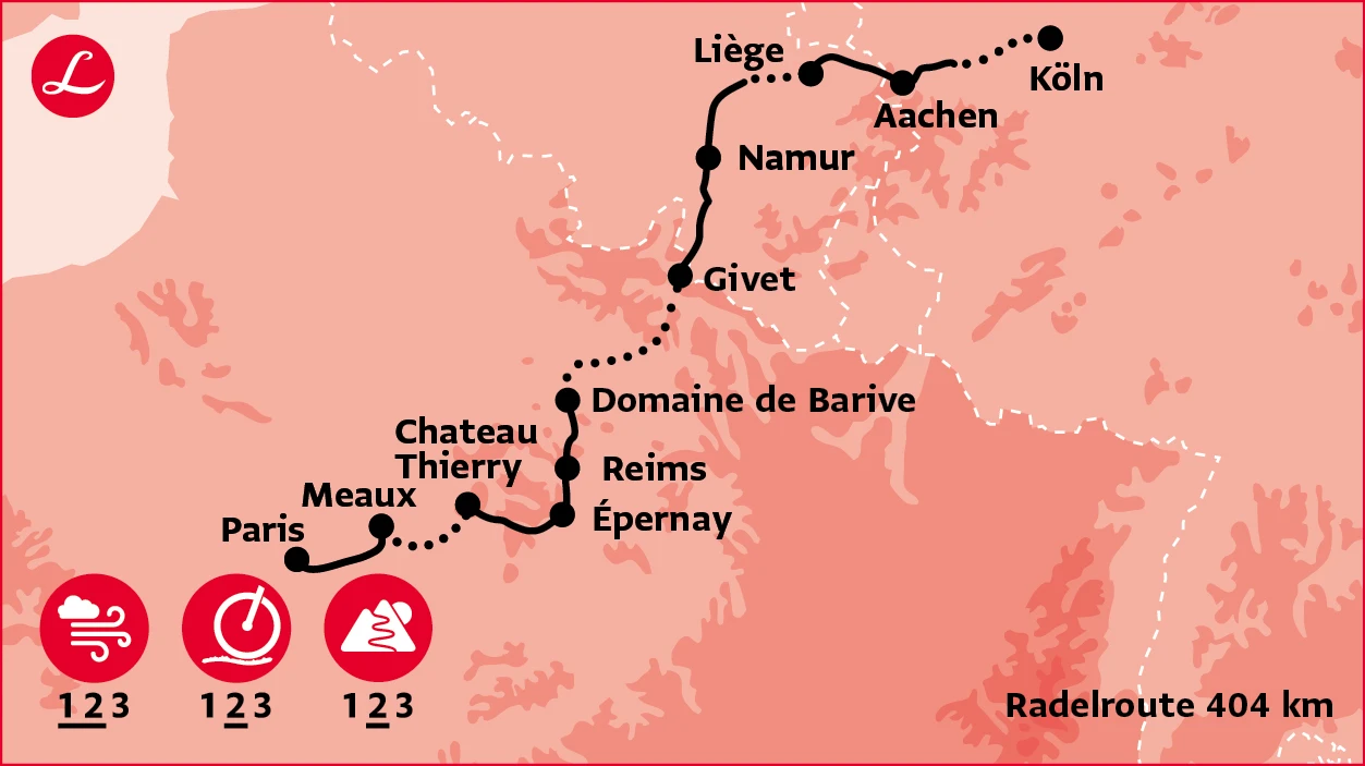 Radelroute der Radreise von Köln nach Paris über Aachen, Namur, Reims, Èpernay