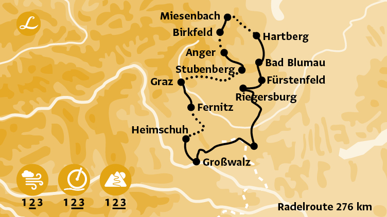 Karte der Route der Radreise durch die Steiermark in Österreich mit Grau, Bad Blumau und Riegersburg