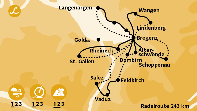 Karte der Route der Radreise am Bodensee mit schwarzer Verbindungslinie und Wegepunkten von Bregenz