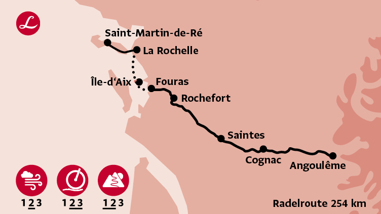Karte der Route der Radreise entlang der Charente von Angouleme über Cognac nach La Rochelle