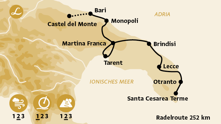 Karte der Reiseroute Apulien mit schwarzer Verbindungslinie und Wegepunkten von Bari nach Santa Cesa