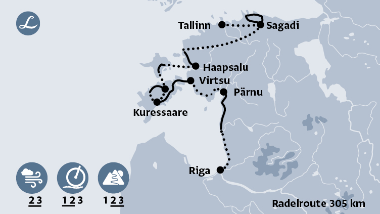 Karte der Route der Radreise im Baltikum von Riga nach Tallinn