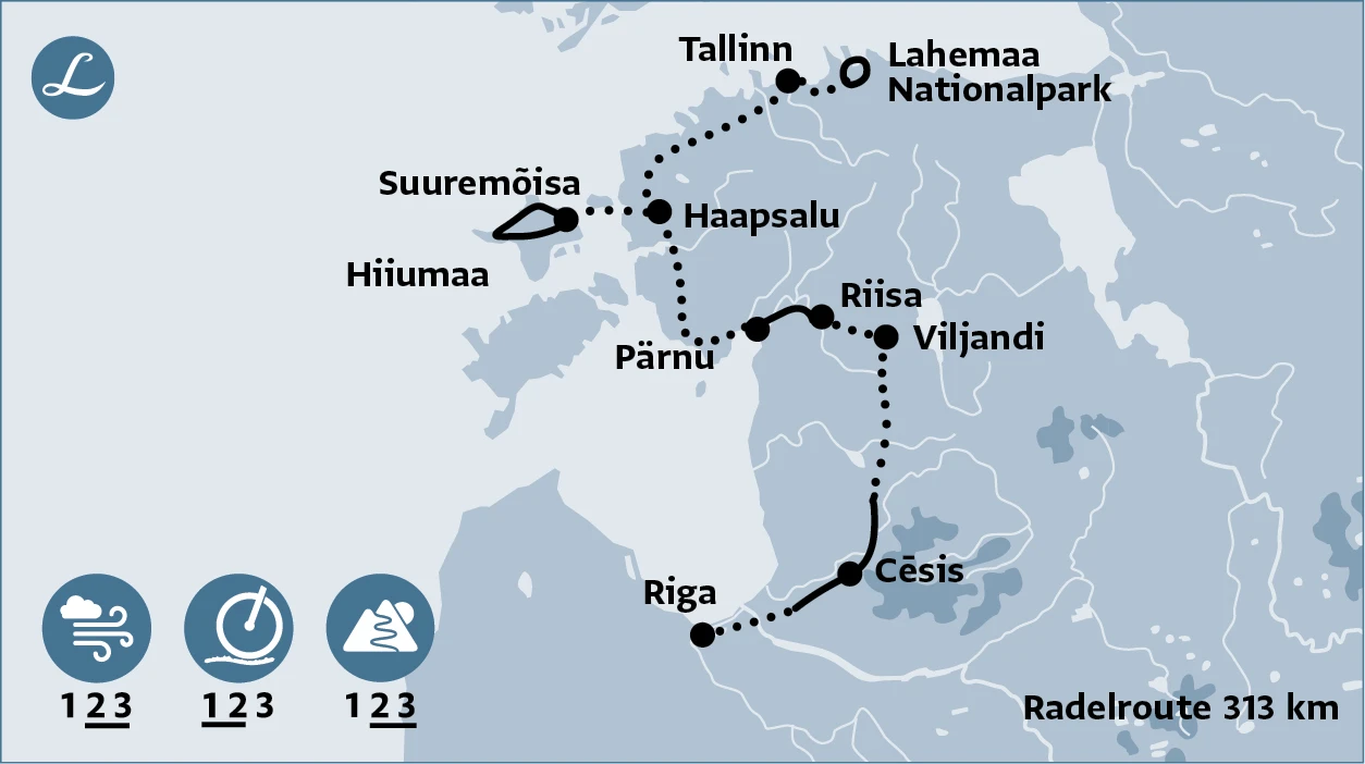 Radelroute der Radreise im Baltikum von Riga nach Tallinn