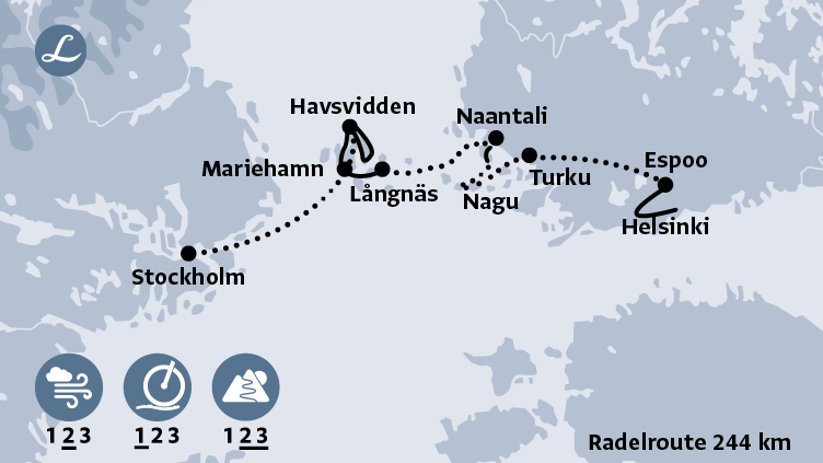 Karte der Route der Radreise Finnland von Helsinki nach Stockholm über Turku und Nagu