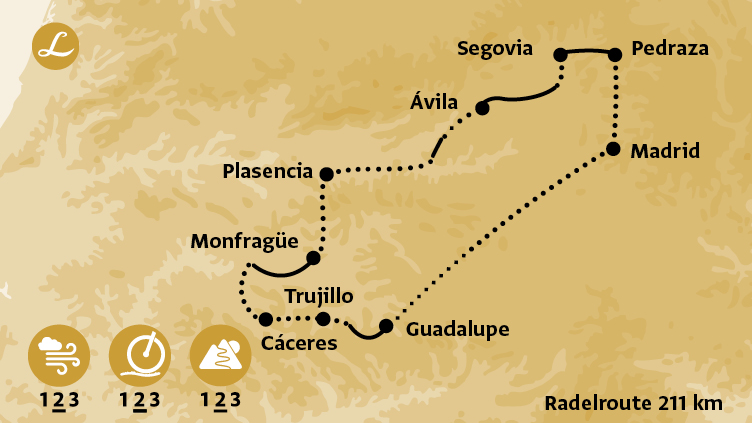 Karte der Route der Radreise in Spanien mit Höhepunkten Madrid, Segovia, Àvila, Guadalupe