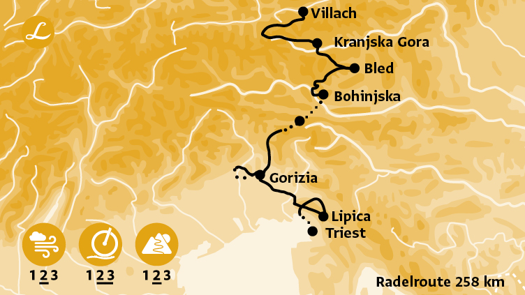 Karte der Route der Radreise über die Julischen Alpen von Villach nach Triest über Bled und Gorizia