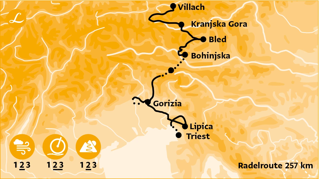 Radelroute der Radreise über die Julischen Alpen von Villach nach Triest über Bled und Gorizia