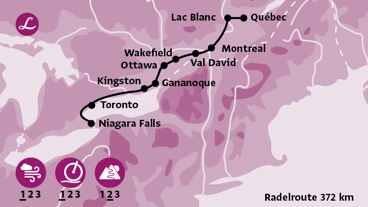 Karte der Route der Radreise Kanada mit schwarzer Verbindungslinie und Wegepunkten von Quebec, Lac B