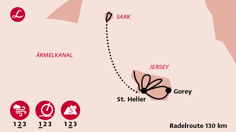 Karte der Route der Radreise auf den Kanalinseln Jersey und Sark