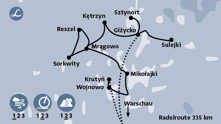 Karte der Route der Radreise in Masuren