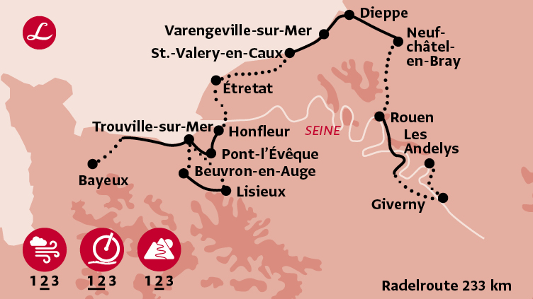 Karte der Route der Radreise in der Normandie mit den Stationen Giverny, Neufchâtel-en-Bray, Lisieux