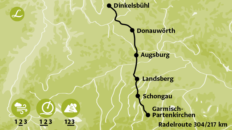 Karte der Route der Radreise von Dinkelsbühl zur Zugspitze
