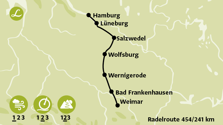 Karte der Route der Radreise von Hamburg nach Weimar über Lüneburg, Salzwedel, Wolfsburg, Wernigerod