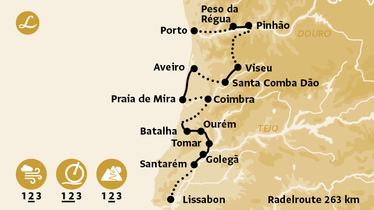 Karte der Route der Radreise in Portugal am Jakobsweg von Lissabon nach Porto