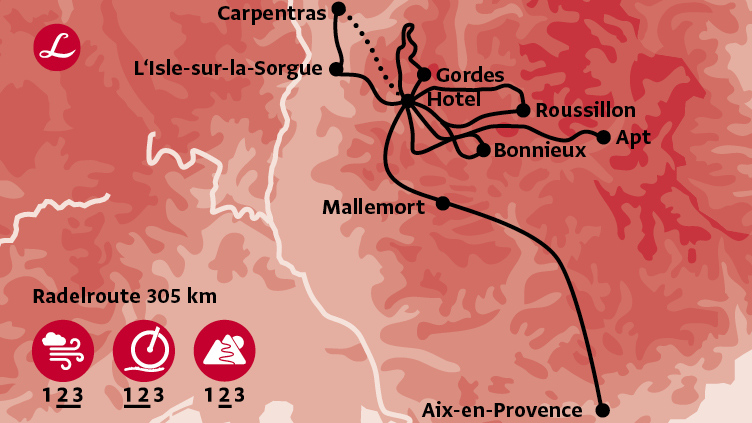 Karte der Route der Radreisen in der Provence durch Luberon mit Hotel Gordes