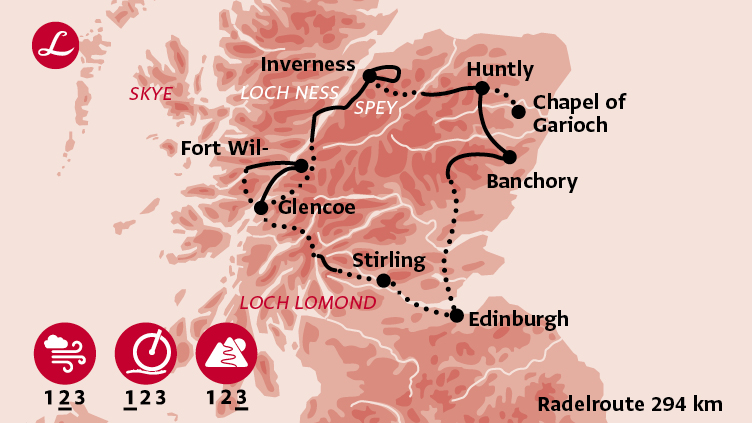 Karte der Route der Radreise in Schottland mit Höhepunkten Inverness, Stirling, Edinburgh