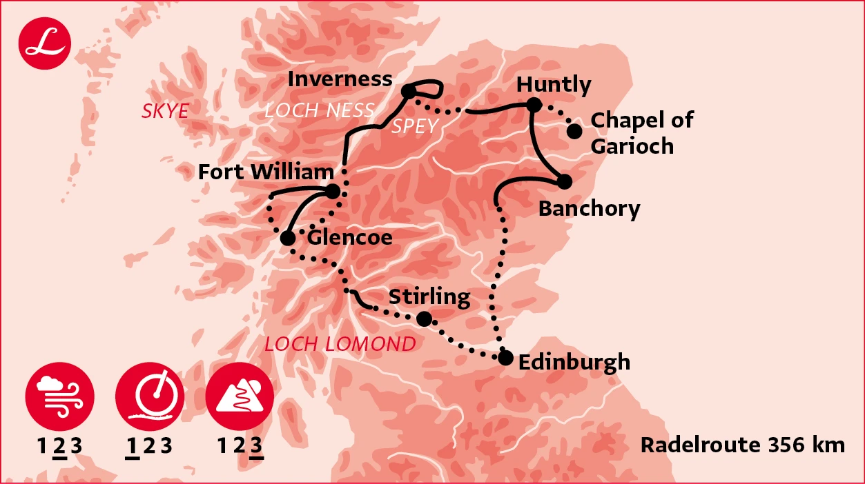 Radelroute der Radreise in Schottland mit Höhepunkten Inverness, Stirling, Edinburgh