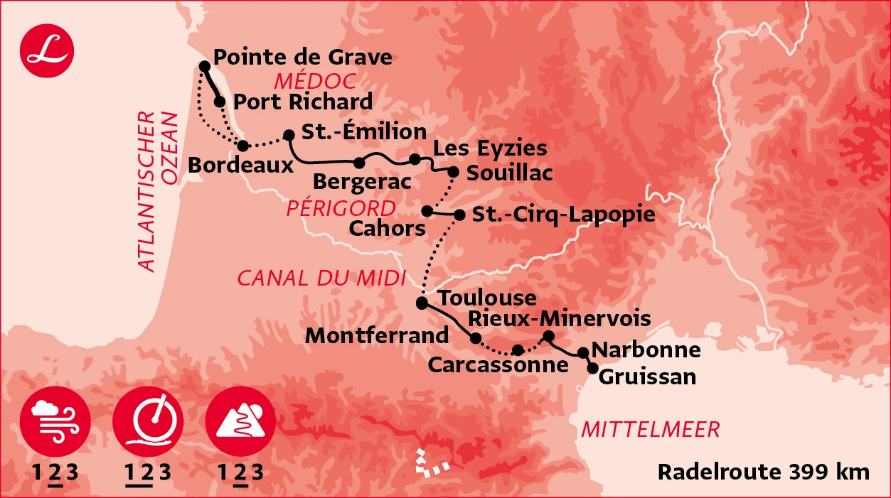 Karte der Route der Radreise in Südfrankreich vom Atlantik zum Mittelmeer