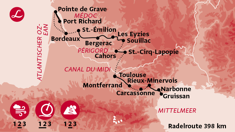 Karte der Route der Radreise in Südfrankreich vom Atlantik zum Mittelmeer