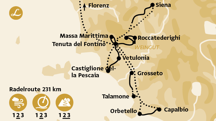 Karte der Route der Radreise in der Toskana mit Stationen in Orbetello, Siena, Grosseto