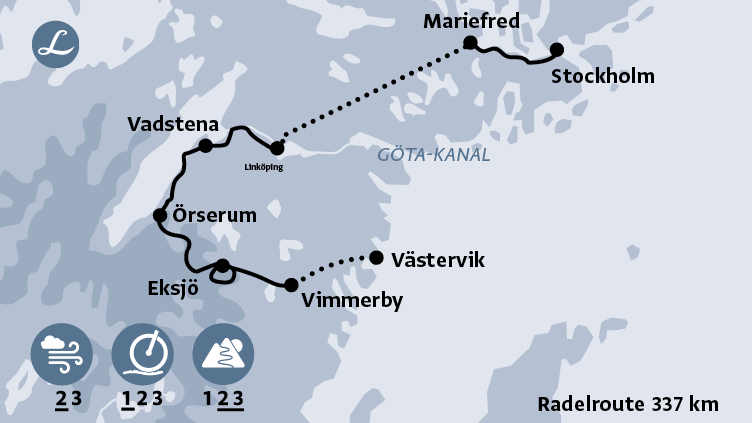Karte der Route der Radreise in Südschweden von Stockholm nach Vimmerby