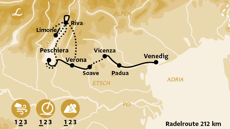 Karte der Route der Radreise in Venetien mit Höhepunkten Riva, Verona, Gardasee, Padua und Venedig