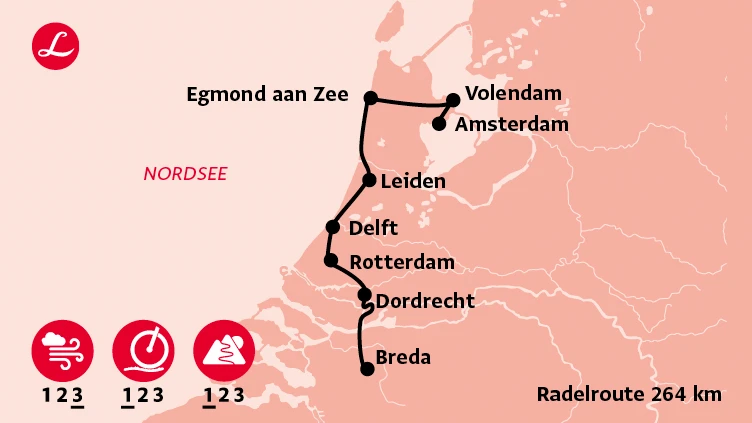 Die Landpartie: Routen-Karte unserer geführten Radreise durch das alte Holland