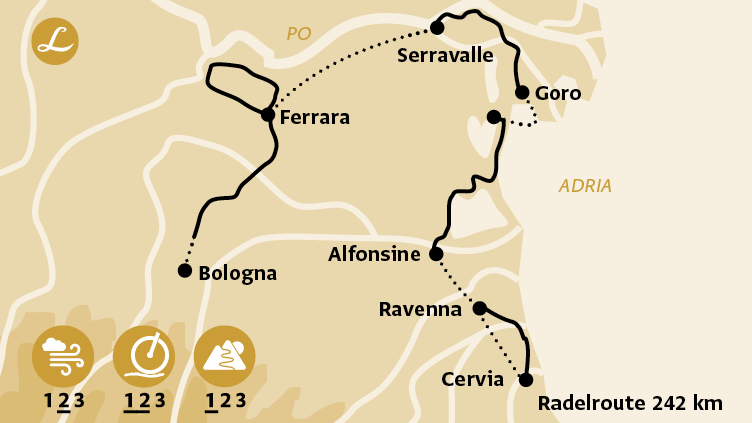 Karte der Route der Radreise Emilia Romagna mit Ravenna, Ferrara, Bologna und Serravalle