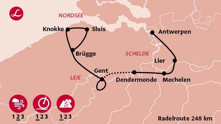 Karte der Route der Radreise Flandern von Antwerpen nach Brügge über Gent, Knokke, Sluis