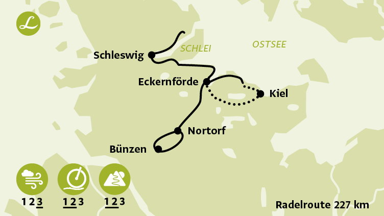 Karte der Route der Radreise in Holstein um Eckernförde, Kiel, Bünzen, Nortorf
