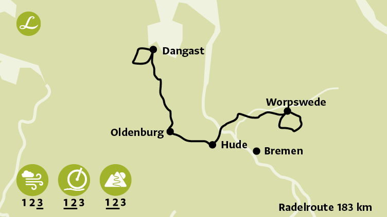 Karte der Route der Radreise in Norddeutschland um Bremen, Worpswede, Oldenburg und Dangast