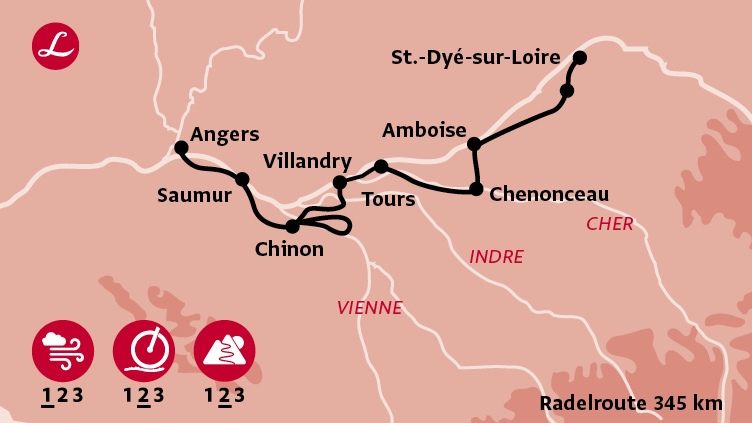 Karte der Route der Radreise entlang der Loire, Flussreise von Angers über Villandry nach St.-Dyé-su