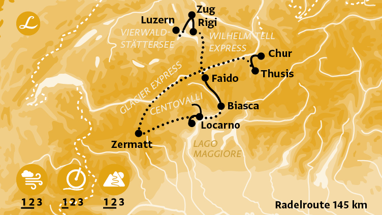 Karte der Route der Radreise in der Schweiz, Zermatt, Rigi, Chur, Luzern, Locarno