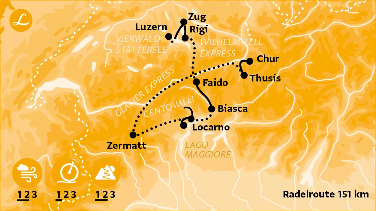 Radelroute der Radreise in der Schweiz über Zermatt, Rigi, Chur, Luzern und Locarno