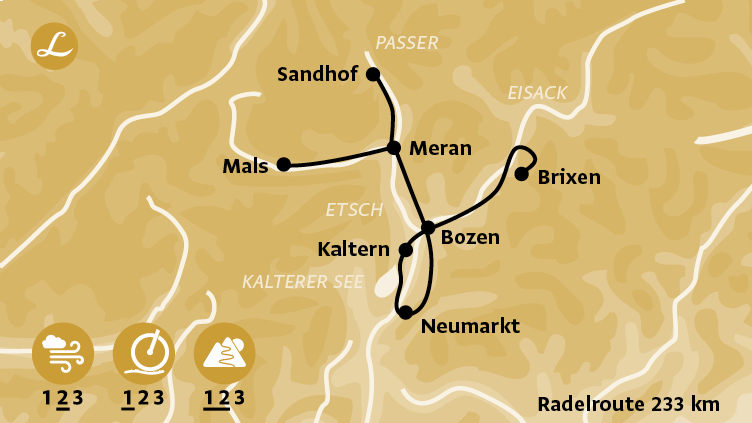 Karte der Route der Radreise in Südtirol mit Stationen Meran, Bozen, Kalterer See, Brixen