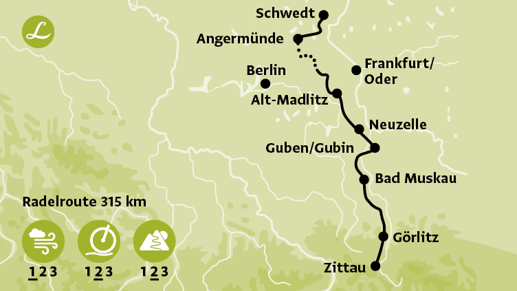 Karte der Route der Radreise an Oder und Neiße mit Höhepunkten Görlitz, Zittau, Berlin, Schwedt und