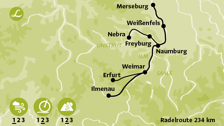 Karte der Route der Radreise entlang der Saale, Ilm und Unstrut über die Höhepunkte Weimar, Erfurt,