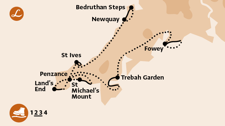 Die Landpartie: Wanderkarte für geführte Wanderreise, Wanderweg in Cornwall, England