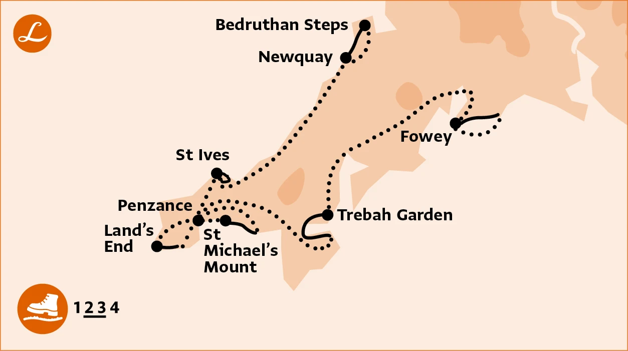 Wanderkarte für geführte Wanderreise in Cornwall entlang der Küste