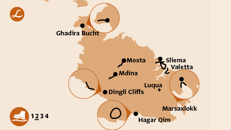 Karte der Route der Wanderreise auf Malta mit Höhepunkten Dingli Cliffs, Mdina, Mosta, Marsaxlokk