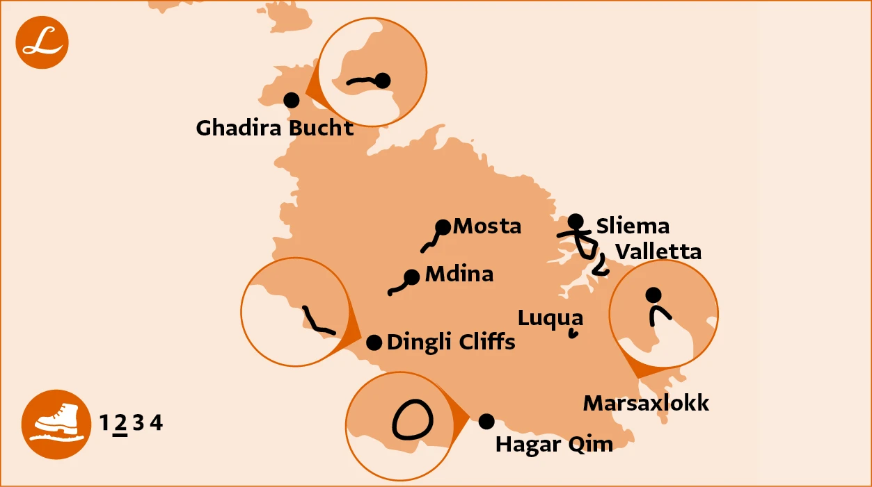 Wanderkarte der Wanderreise auf Malta mit Höhepunkten Dingli Cliffs, Mdina, Mosta, Marsaxlokk