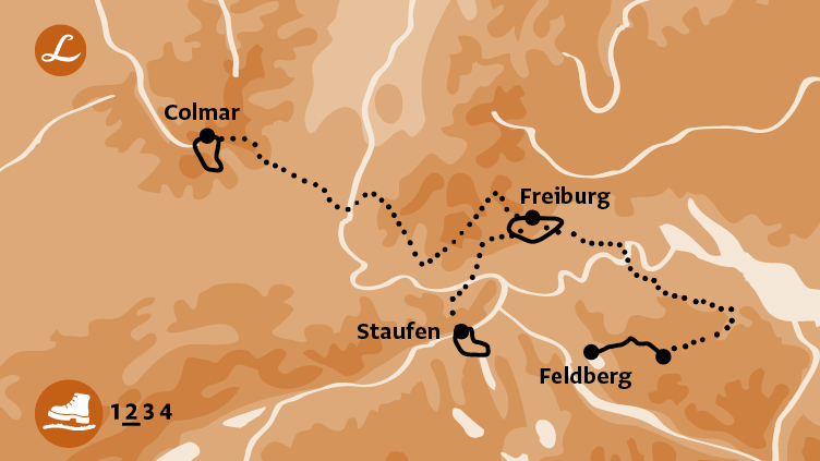 Karte der Route der Wanderreise im Schwarzwald mit Höhepunkten Freiburg, Feldberg, Staufen, Colmar