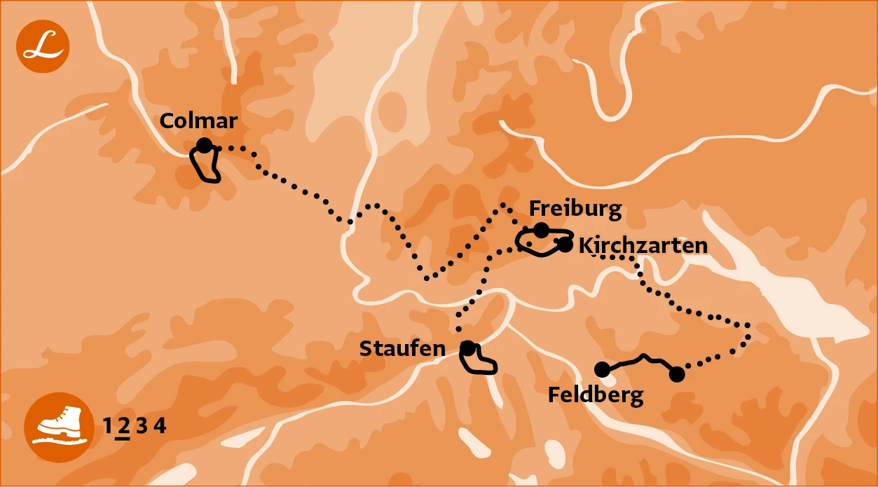 Wanderkarte der Wanderreise im Schwarzwald mit Höhepunkten Freiburg, Feldberg, Staufen, Colmar