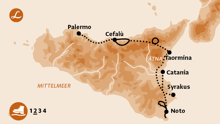 Karte der Route der Wanderreise auf Sizilien mit den Stationen Palermo, Cefalù, Taormina, Catania, S