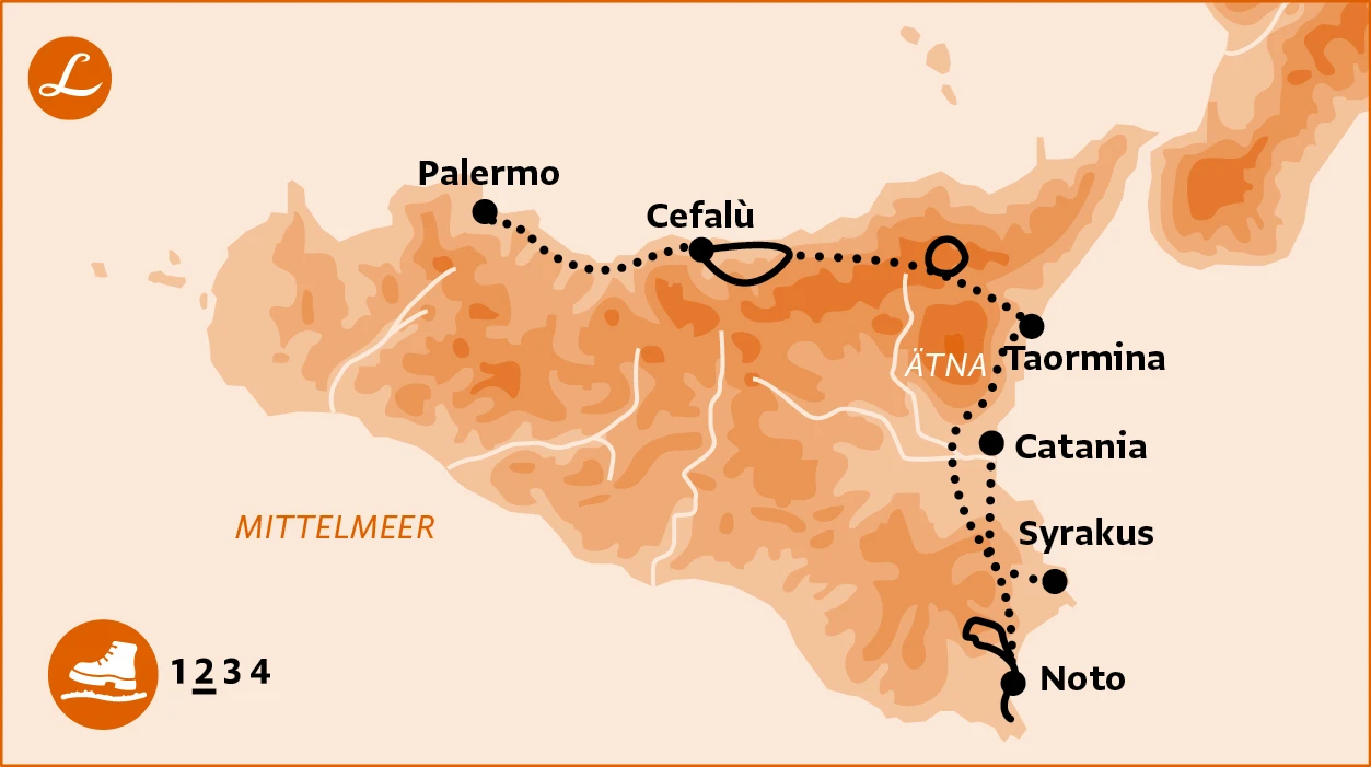 Wanderkarte der Wanderreise auf Sizilien mit den Stationen Palermo, Cefalù, Taormina, Catania, S
