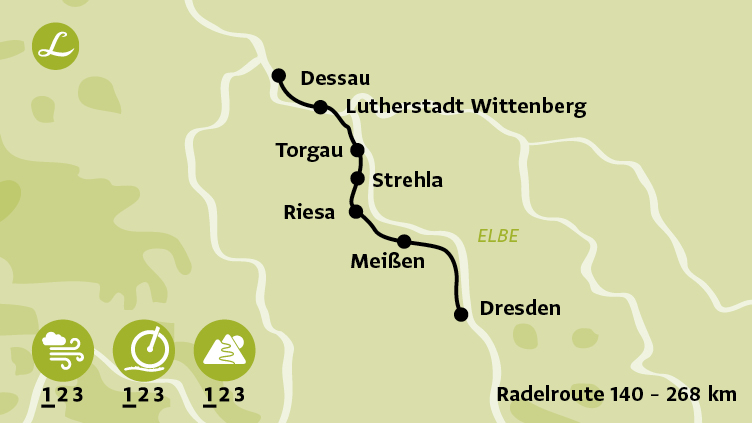 Radkarte der individuellen Radreise am Elberadweg in Dresden, Dessau